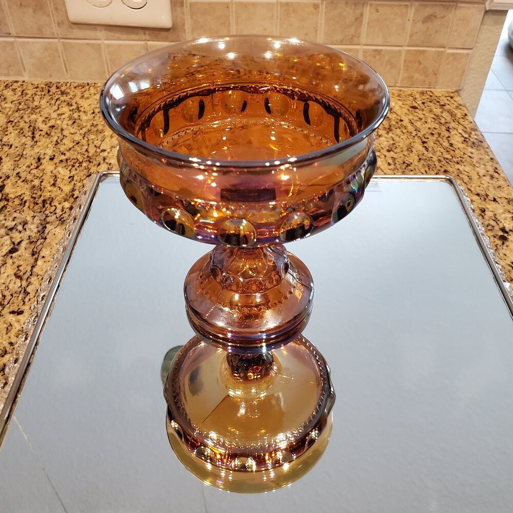 Vintage Indiana Amber Carnival Glass Kings Crown Thumbprint Compote/Candy Bowl